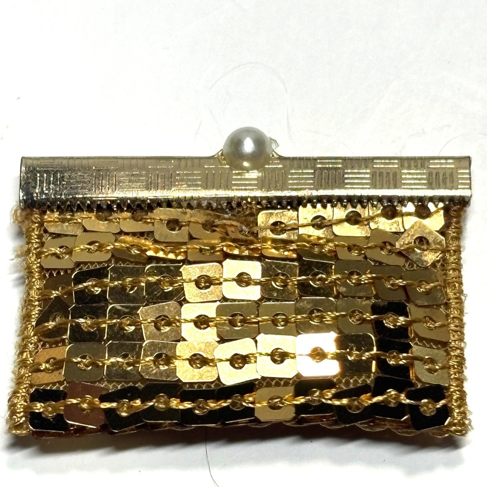 1:6 Artisian Miniature Doll Purse Kids Gold Sequin Pearl Clasp Handmade